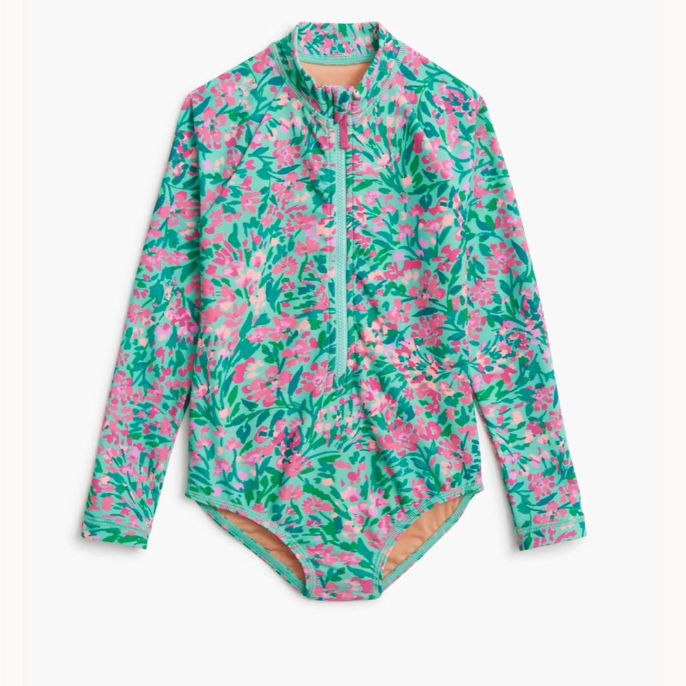 J. Crew Kids Long-Sleeve One-Piece Swimsuit in Teal & Pink Floral
